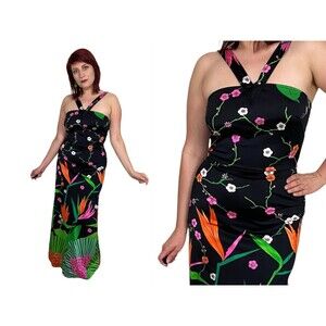 Size S/M | Vintage 1960s 60s Sleeveless Floral Leaf Print Nylon Maxi Dress